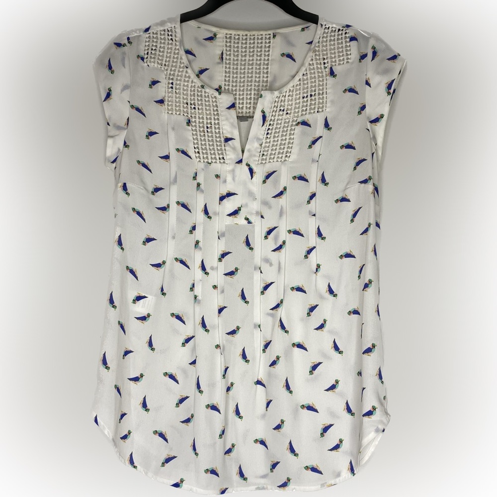 Daniel Rainn Estefany Lace Detail Split Neck Blouse, XSP, White w/ Birds